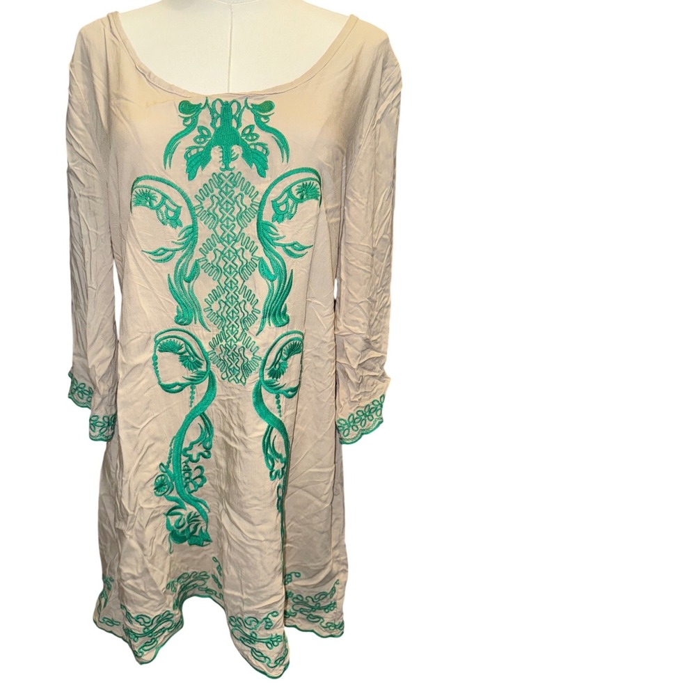 Urban Mango Women Beige Green Embroidered Cotton Tunic Dress Large‎ NEW